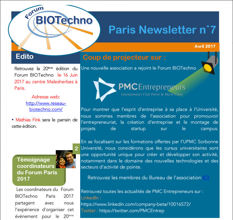 BIOTechno Paris : Newsletter n°7 - Avril 2017