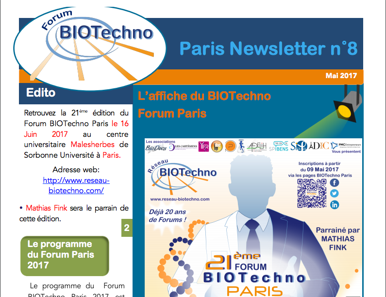 BIOTechno Paris : Newsletter N° 8 - Mai 2017